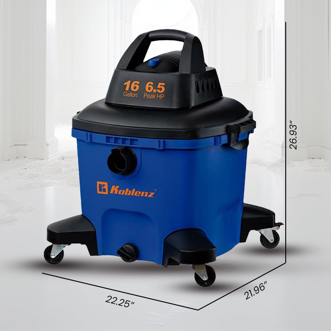 Koblenz Aspiradora Seco Mojado Eléctrica Multiusos, Aspira manualmente sólidos y líquidos, Tanque con Capacidad de 16 galones y Motor de 6.5 HP Modelo WD-16 L4 Incluye Accesorios