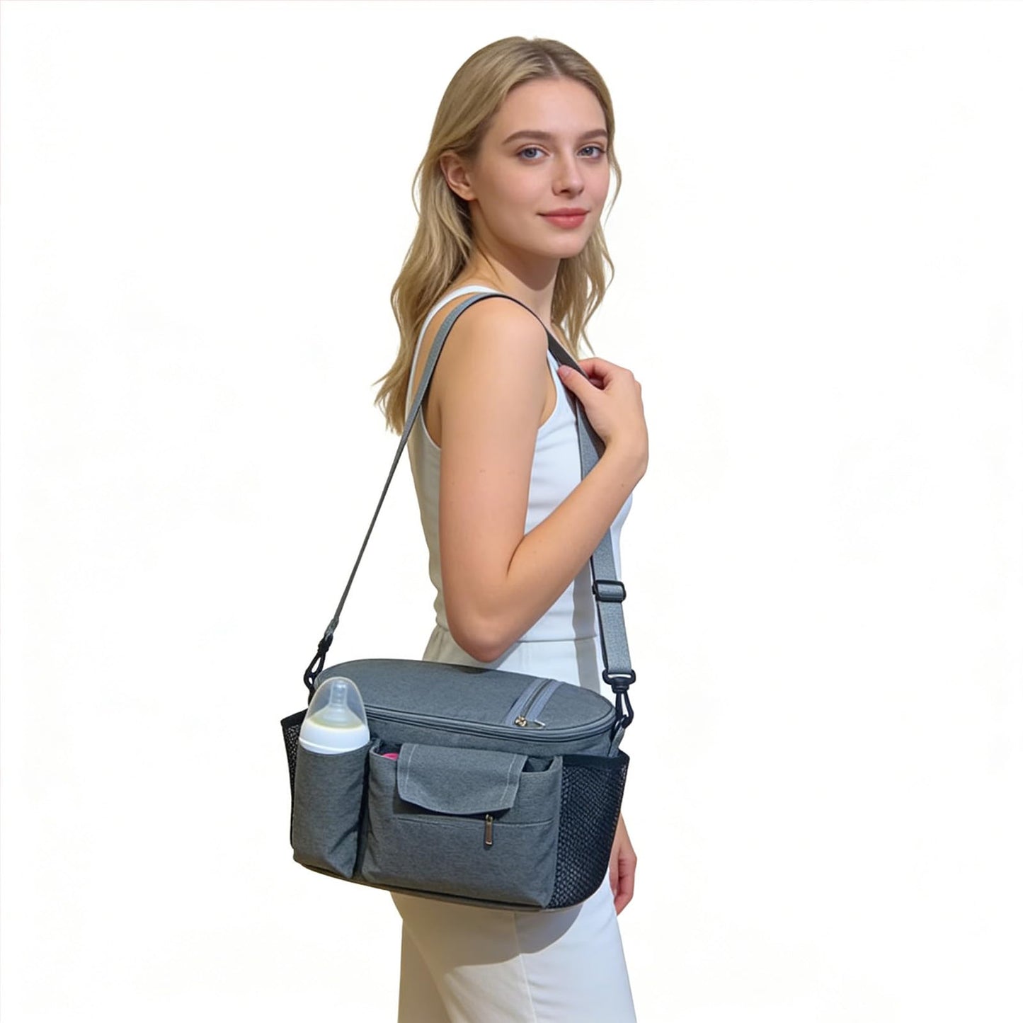 Pequeña bolsa de pañales, bolsas de viaje para mamás, múltiples bolsillos, gancho para carriola, correa ajustable, bolso portátil para padres (gris)