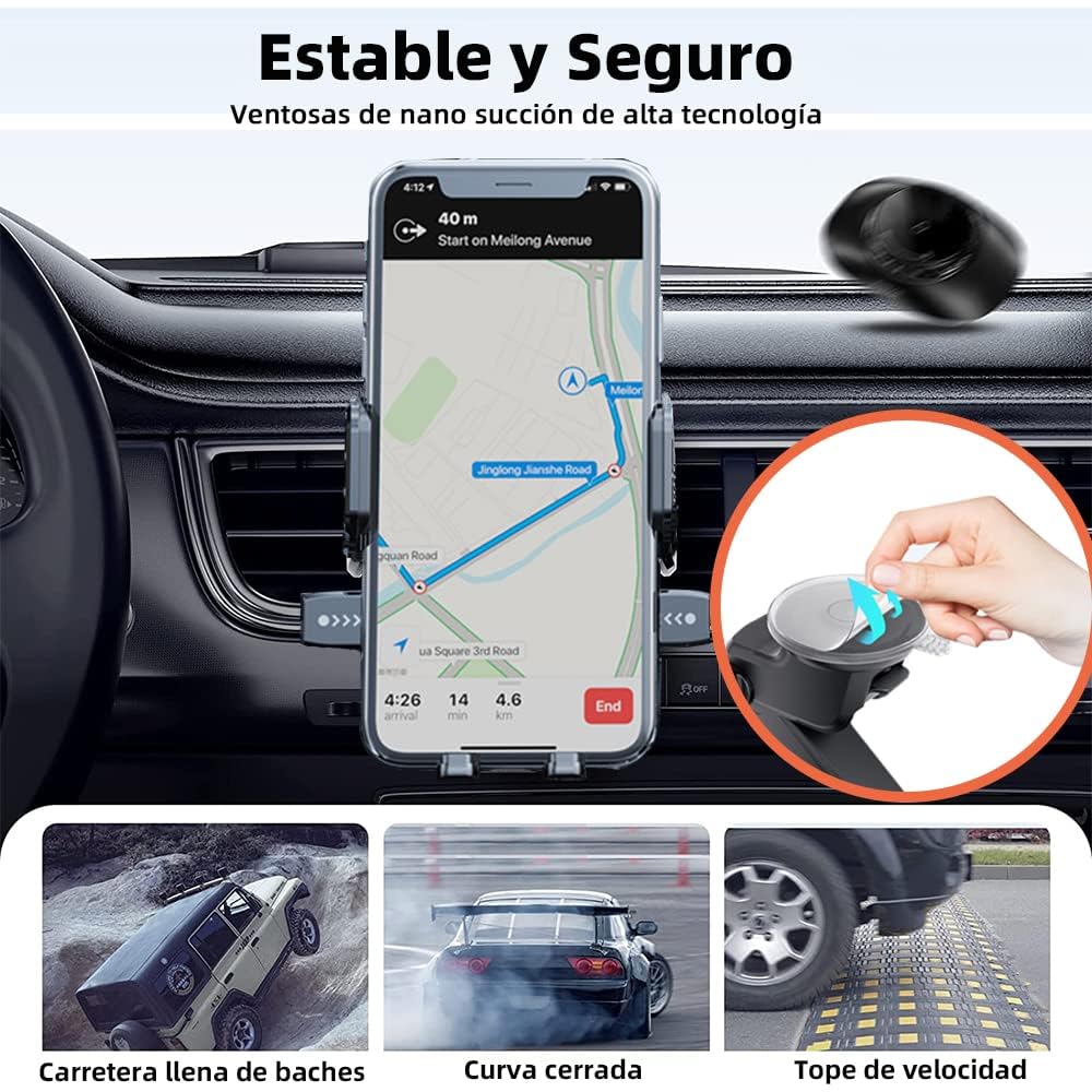 BAYLOVE Soporte Celular Automóvil + Adaptador Auto Carga Rápida Cuatro Puertos, Soporte Celular Auto por Gravedad para Ventosa De Alta Viscosidad, Apto para Todos Los Modelos de Teléfono Móvil