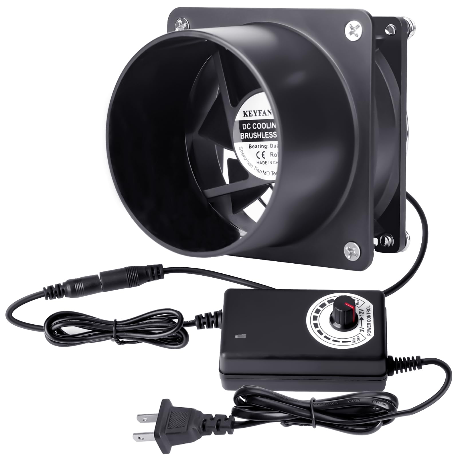 KEYFANCLUB - Ventilador de escape axial pequeño de 80 mm, 12 V CC con enchufe de CA, rodamientos de bolas duales, extractor de humo de escape de aire, kit de ventilador para soldadura de bricolaje,