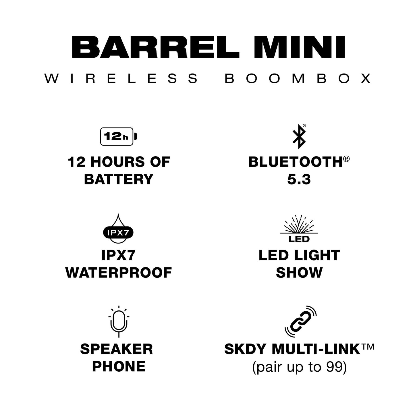 Skullcandy Barrel Mini altavoz inalámbrico Boombox, Bluetooth 5.3, impermeable IPX7, batería de 12 horas, luces LED, multienlace, altavoz portátil para exteriores con verdadero estéreo inalámbrico