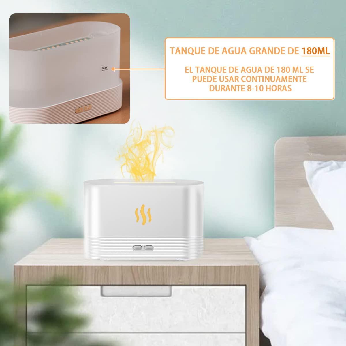 INGEQUIS Difusor de Lámpara Nocturna con Forma de Llamas, 2 Modos de Brillos Ajustables, Humidificación Silenciosa de 180ml, Lámpara Nocturna Decorativa (Blanco-Cálido)