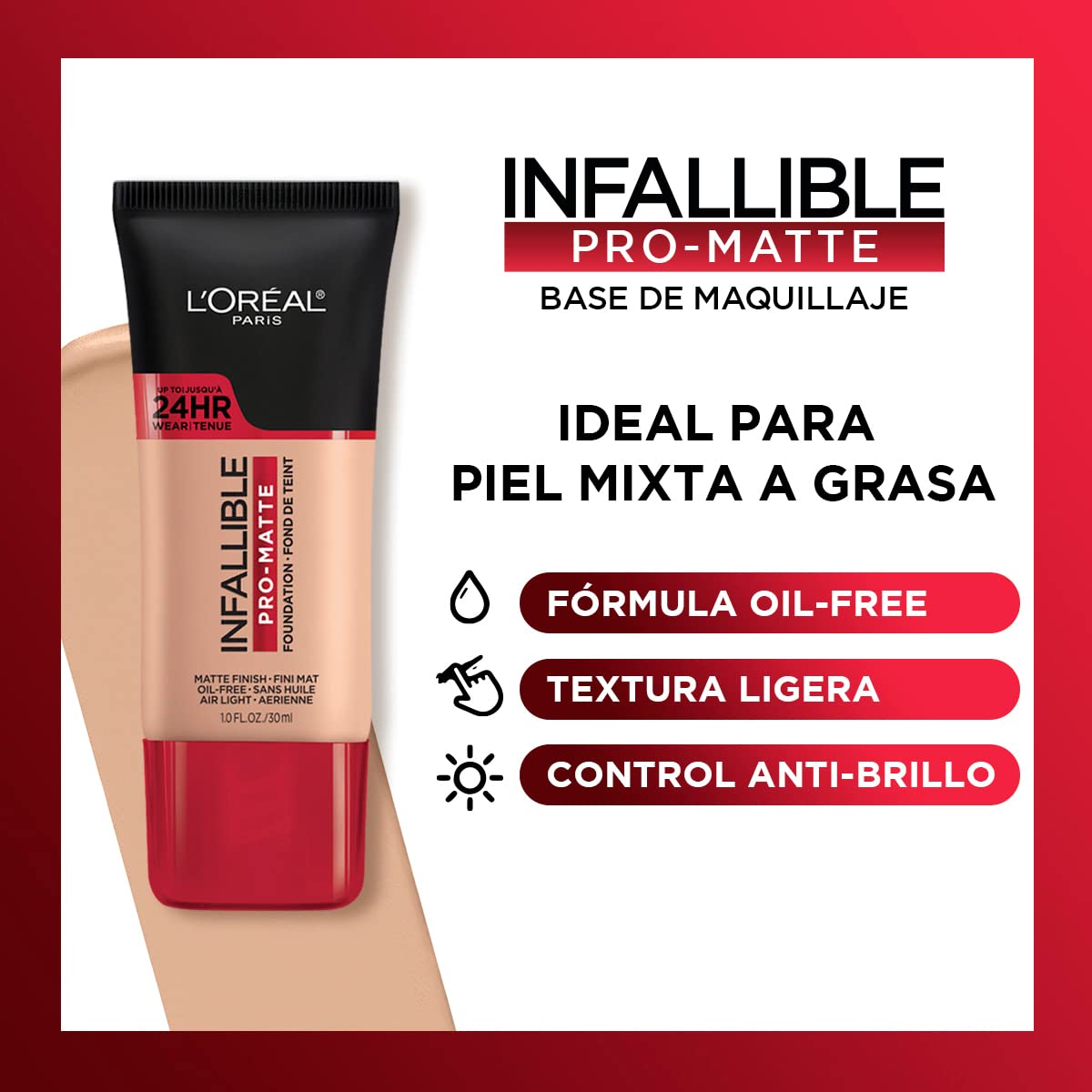 L'Oréal Paris, Base de maquillaje líquida de larga duración, Infallible 24h Pro-matte, Tono Sun Beige 106, 30ml