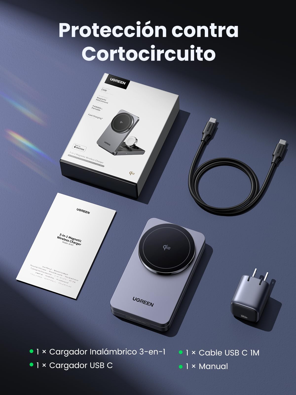 UGREEN Qi2 15W Cargador Inalámbrico 3 en 1 MagFlow Certificado, Soporte de Carga Plegable MagSafe Compatible con iPhone 16/15/14/13/12, AirPods 4/3/2/Pro, iWatch (Adaptador de 30 W Incluido)