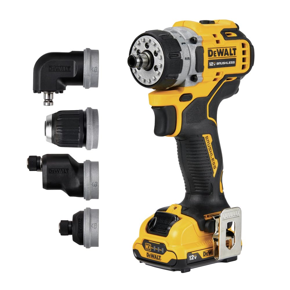 DEWALT 12V MAX* XTREME Kit de taladro/destornillador 5 en 1 sin escobillas, múltiples cabezales de cambio rápido, transmisión de 2 velocidades (DCD703F1)