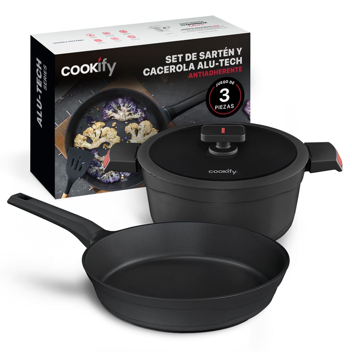 Cookify Set de Sarten y Cacerola de Aluminio con Revestimiento Antiadherente para todo tipo de estufas (3 piezas - 30 y 24 cm)