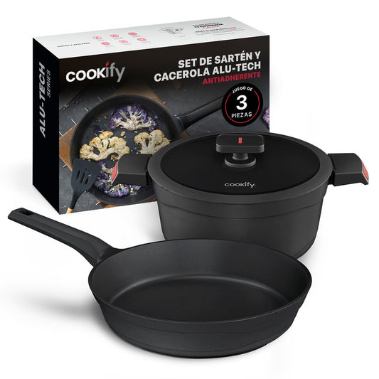 Cookify Set de Sarten y Cacerola de Aluminio con Revestimiento Antiadherente para todo tipo de estufas (3 piezas - 30 y 24 cm)