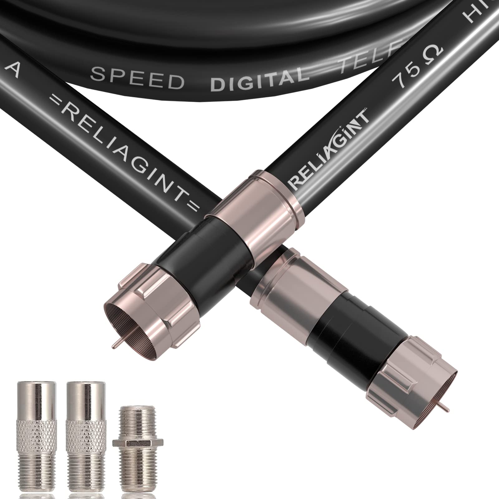 RELIAGINT Cable coaxial RG6 de 15 pies negro, cable coaxial de 75 ohmios con conector F y acoplador doble hembra F81, cable de extensión de antena de TV de alta velocidad y baja pérdida para TV HD