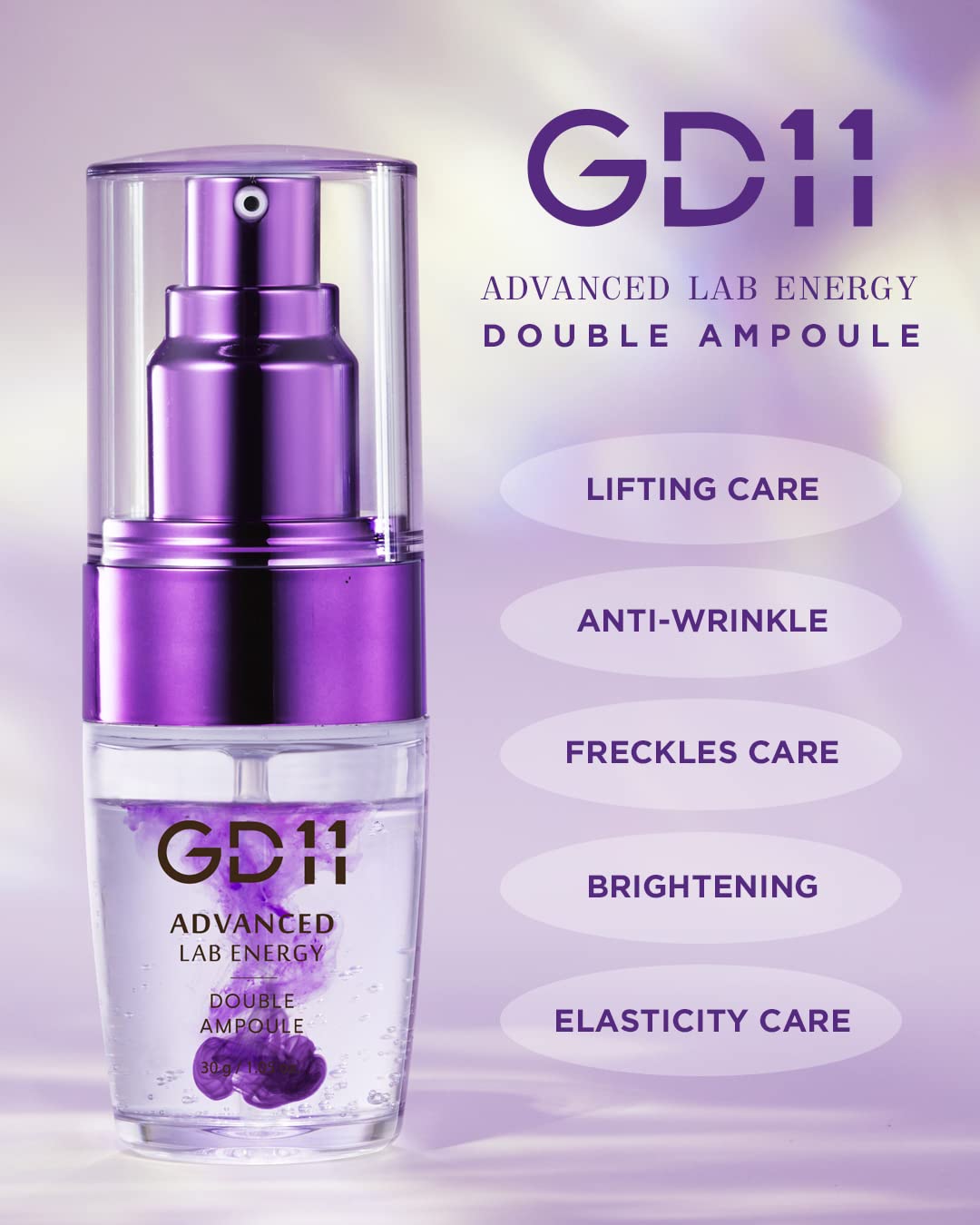 GD11 Advanced Lab doble amplificador y esencia, 1.01 onzas líquidas, ampolla Galaxy púrpura, K-Beauty, antienvejecimiento, regeneración, estimulador de colágeno, revitalizante, células madre, hidratante, calmante, elasticidad, cuidado de las arrugas.