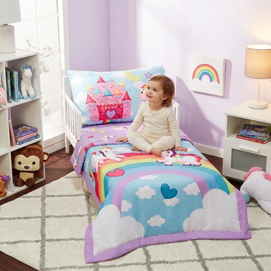 EVERYDAY KIDS - Juego de ropa de cama de 4 piezas para niños pequeños – Unicorn Dreams – Incluye edredón, sábana encimera, sábana bajera ajustable y funda de almohada reversible