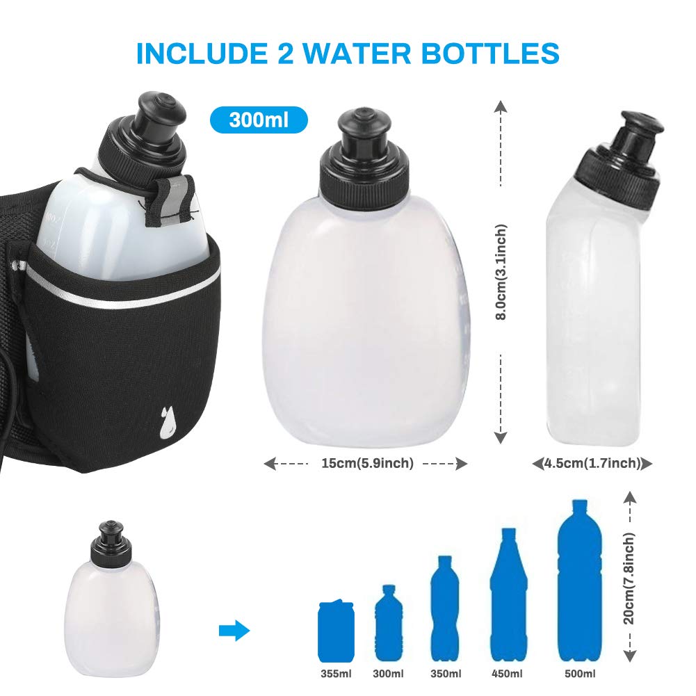 Luckit - Cinturón de hidratación para correr con 2 botellas de agua (2 x 300 ml), cintura reflectante para correr, bolsa de cintura deportiva ajustable para maratón, correr, senderismo, camping,