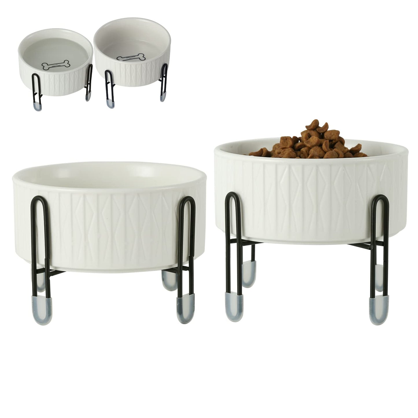 Cuencos de cerámica para perros y gatos de 32 onzas con soporte de metal elevado, tazón redondo de cerámica de 6.5 pulgadas para alimentos y alimentos para mascotas y perros, blanco, juego de 2