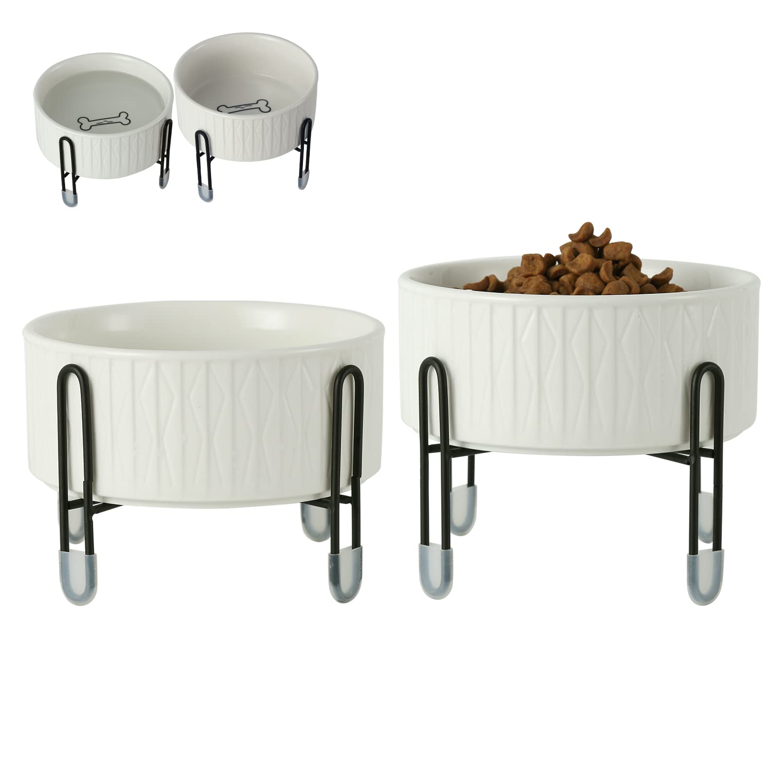 Cuencos de cerámica para perros y gatos de 32 onzas con soporte de metal elevado, tazón redondo de cerámica de 6.5 pulgadas para alimentos y alimentos para mascotas y perros, blanco, juego de 2
