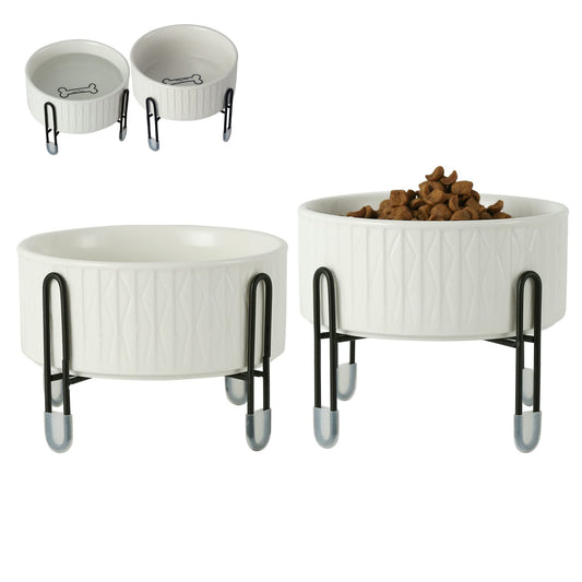 Cuencos de cerámica para perros y gatos de 32 onzas con soporte de metal elevado, tazón redondo de cerámica de 6.5 pulgadas para alimentos y alimentos para mascotas y perros, blanco, juego de 2