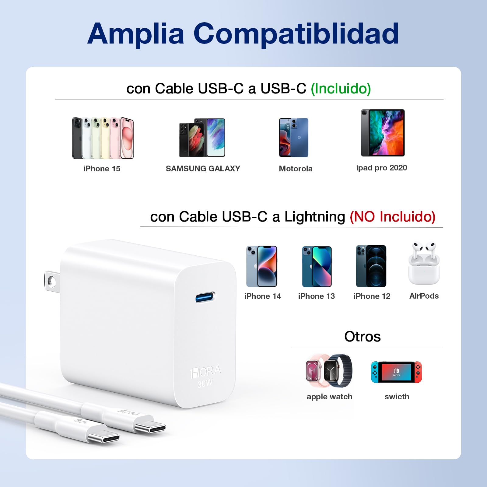 1 Hora Cargador Tipo C, PD 30W Cargador Carga Rápida, con Cable USB C a C 1M 3A, Compatible con IP 15, Samsung Galaxy S23/S22/S21 Ultra/Note10/S20, iPad Pro, Motorola G32 (Blanco con Cable)