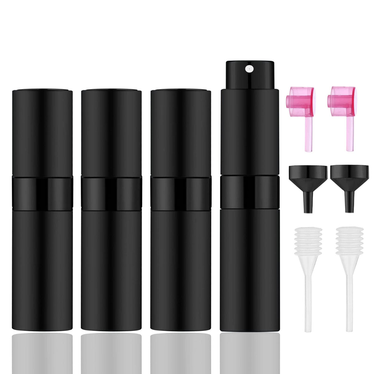 IRON BILL 4 botellas atomizadoras de perfume portátiles de 8 ml, botellas vacías recargables con 3 tipos de herramientas de recambio, botellas de muestra de perfume de viaje de bolsillo (negro mate)