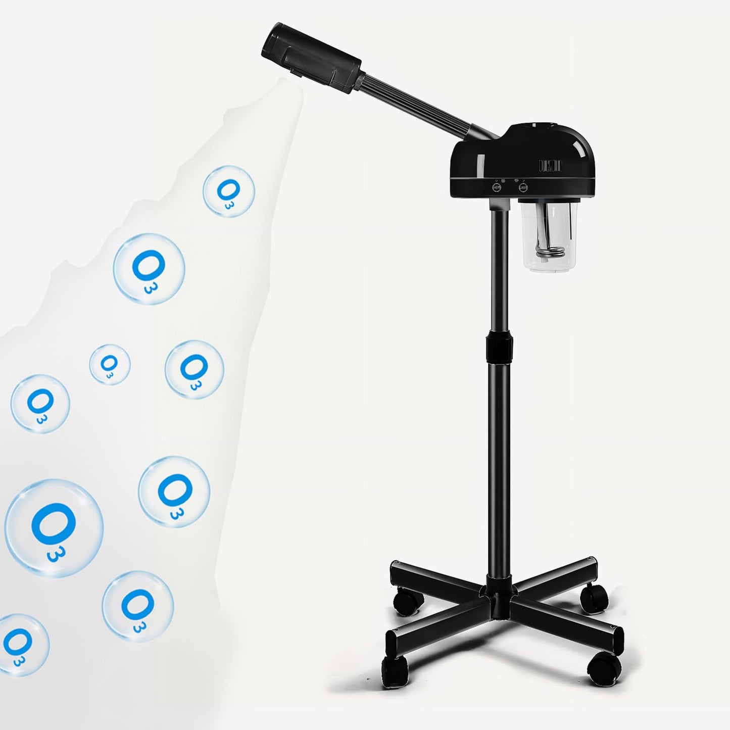 Vaporizador facial de ozono profesional con soporte, control táctil, función de niebla caliente, altura ajustable y base rodante, boquilla giratoria de 360°, uso para el hogar, salón de spa (negro)