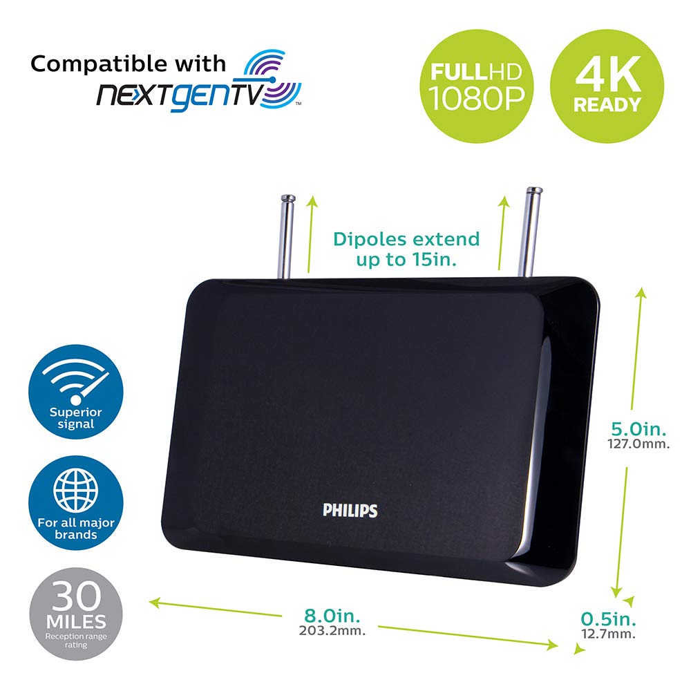 Accesorios Philips Antena de TV para Interiores, Digital, Antena de HDTV, Compatible con Smart TV, 4K 1080P VHF UHF, Cable coaxial de 1,8 m, dipolos, Negro, SDV1227B / 27