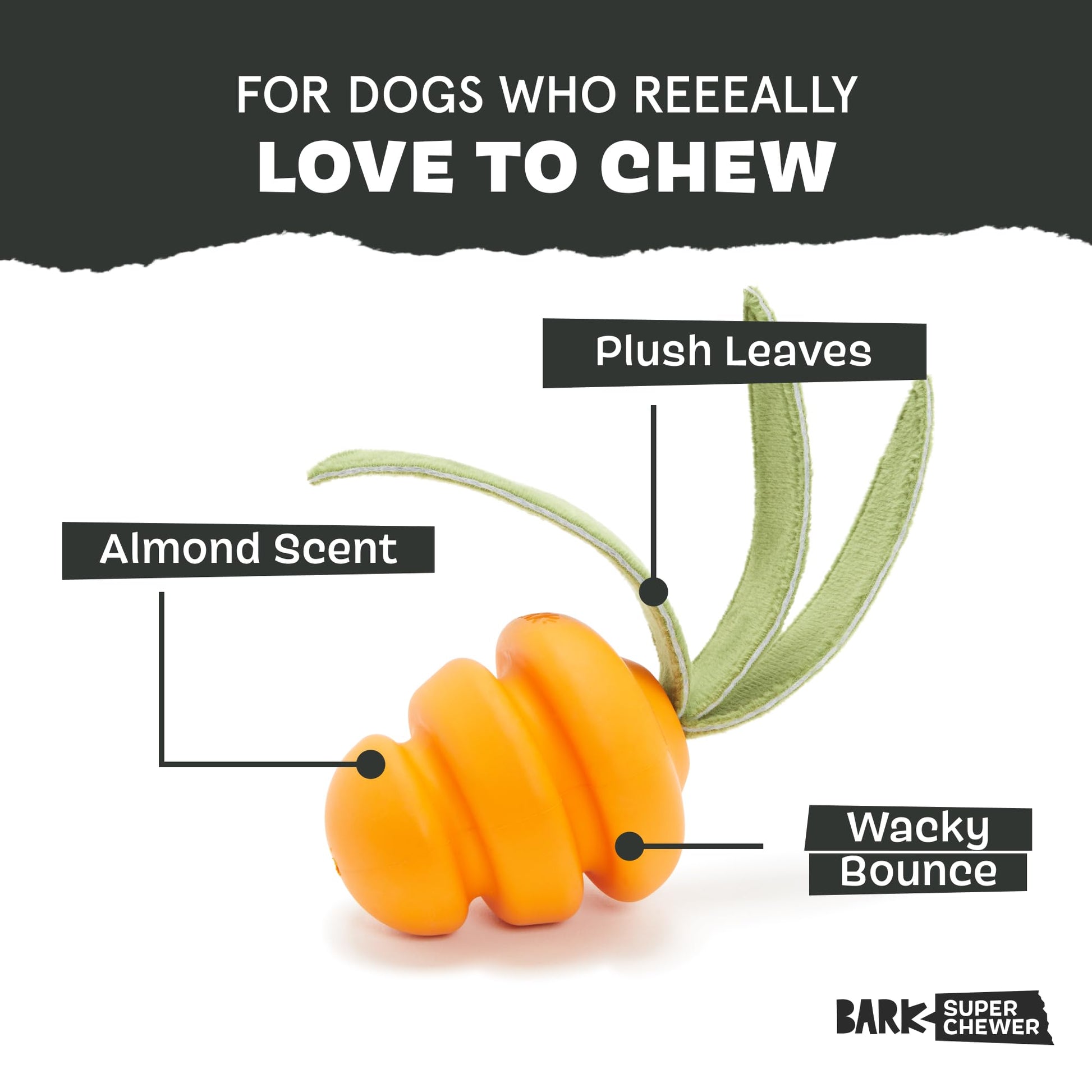 BarkBox Juguetes y masticables perfumados para perros con temática de alimentos, goma resistente y nailon súper masticador dispensador de golosinas, bolas y juguetes de dentición para perros y cachorros pequeños, medianos y grandes, zanahoria de raíces pr