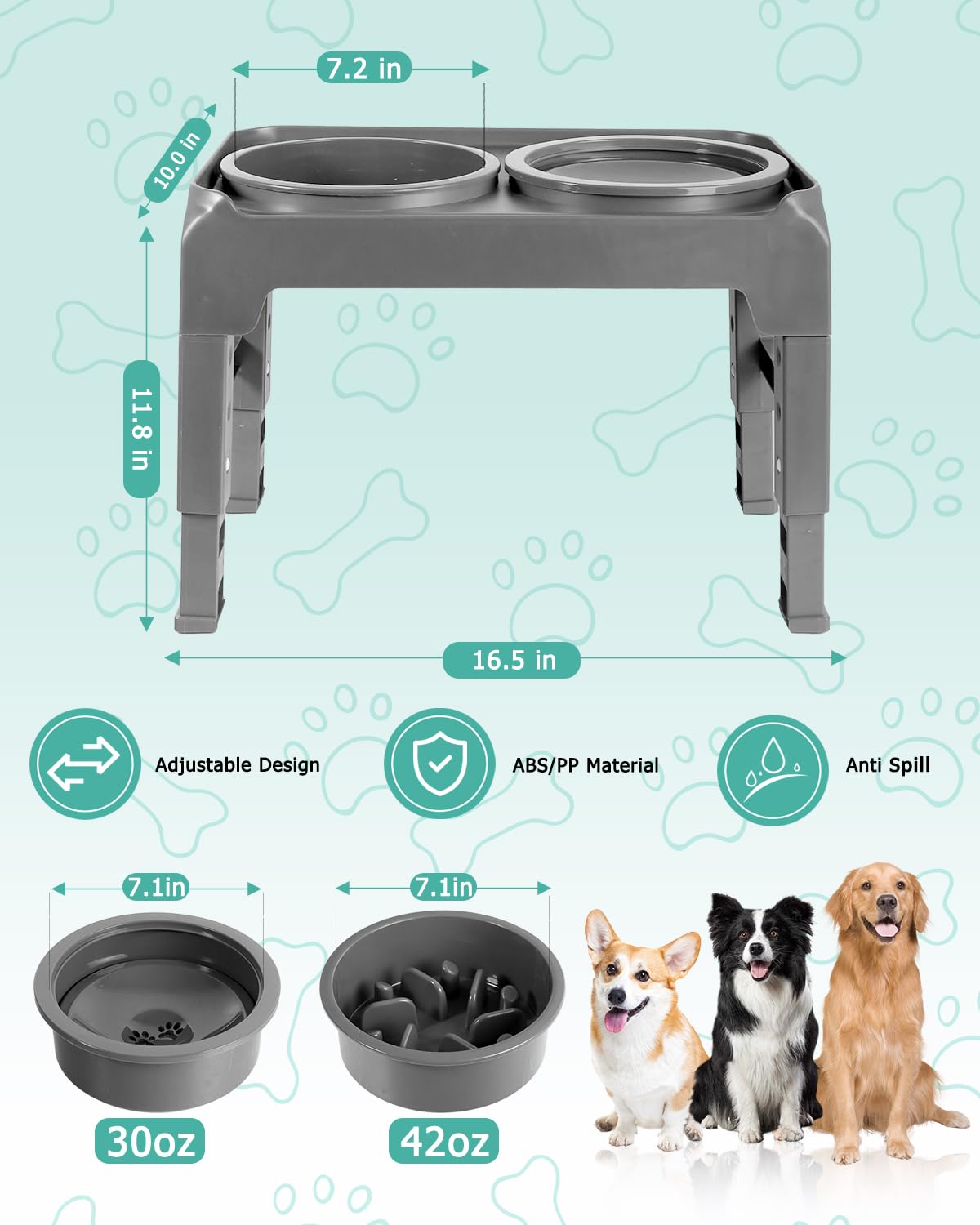 Cuencos elevados para perros, soporte elevado para cuencos para perros con alimentador lento y tazón de agua sin derrames, 4 alturas ajustables para perros grandes, medianos y pequeños (gris)