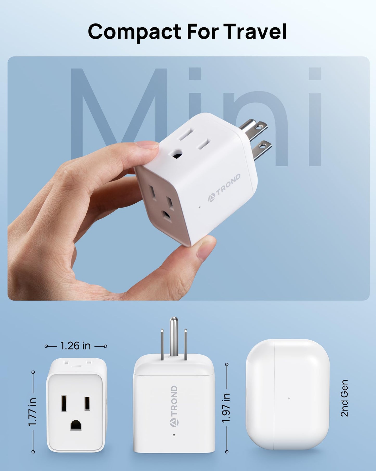TROND Extensor de enchufe múltiple, Paquete de 2 divisores de toma de pared eléctricos, extensor de enchufe de 3 vías, adaptador de enchufe múltiple para mini enchufe de pared
