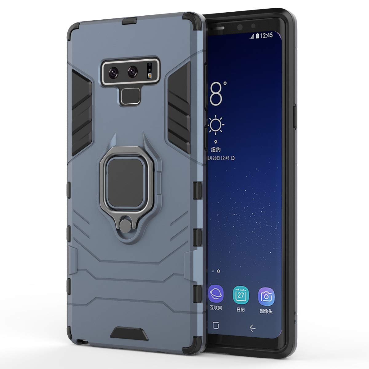 Compatible con Galaxy Note 9 Funda, Anillo Metálico Sujeción Soporte Antichoque Rígido Caja (Funciona con el Montaje de Coche Magnético) Doble Capa Sólido Case Carcasa para Samsung Galaxy Note 9 (Azul Marino)