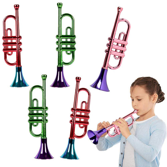 ArtCreativity - Juego de 5 trompetas metálicas de 13 pulgadas, divertidos instrumentos musicales de plástico para fiestas y eventos, juguetes musicales para niños, regalos geniales para fiestas de