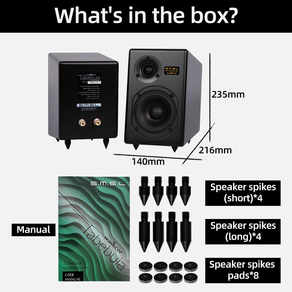 S.M.S.L - Sistema de altavoces pasivos Tabebuia para estantería, controladores Wavecor personalizados, 100 W por canal, respuesta de 56 Hz-32 kHz, distancia de pared ajustable con picos (par) (negro)
