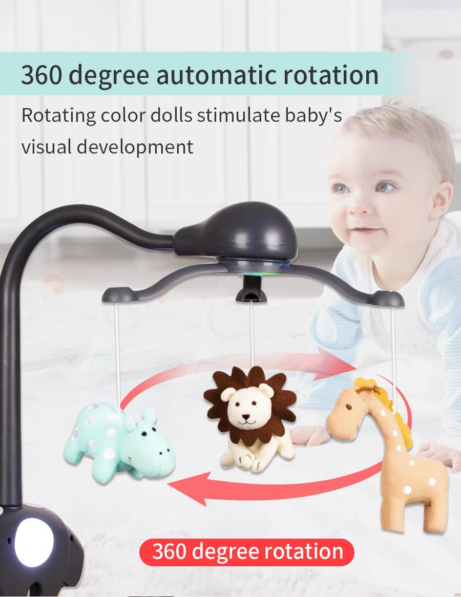 Hougyi Baby Music Mobile for Crib Playpen with Nursy Lights,Relaxing Music and Natural Sounds. Includes Light Projector with Stars and Shapes. Newborn Nursery Toys with Cradle Vibration. (Grey)