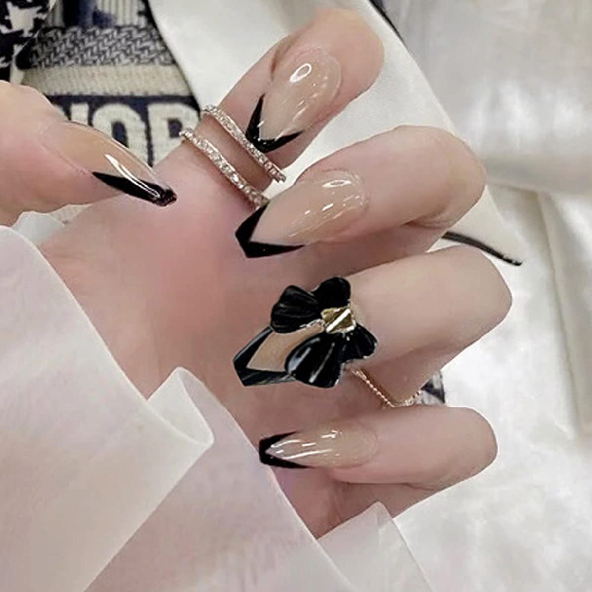 Black French Tip Press on Nails, Beige Nude Coffin Medium Length Black Bowknot Fake Nails,Full Cover Ballerina Artificial Acrylic Nai Tips,24 Pcs Stick on Nails with Designs