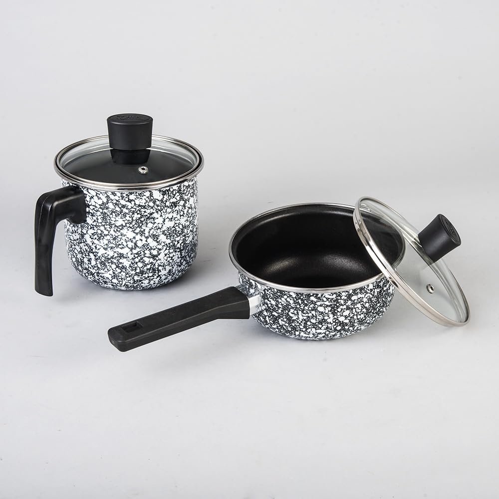 Cinsa Batería de cocina Granito Blanco con Negro 10 piezas, Peltre pesado con antiadherente, Tapas de vidrio templado. (Blanco con negro)