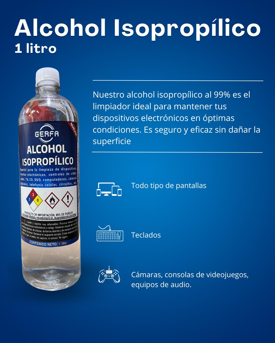 GERFA Alcohol Isopropílico 99% Pureza, 1 Litro - Ideal para Limpieza de Equipos Electrónicos, y Componentes Delicados. Alcohol de Alta Calidad para Mantenimiento y Uso Profesional