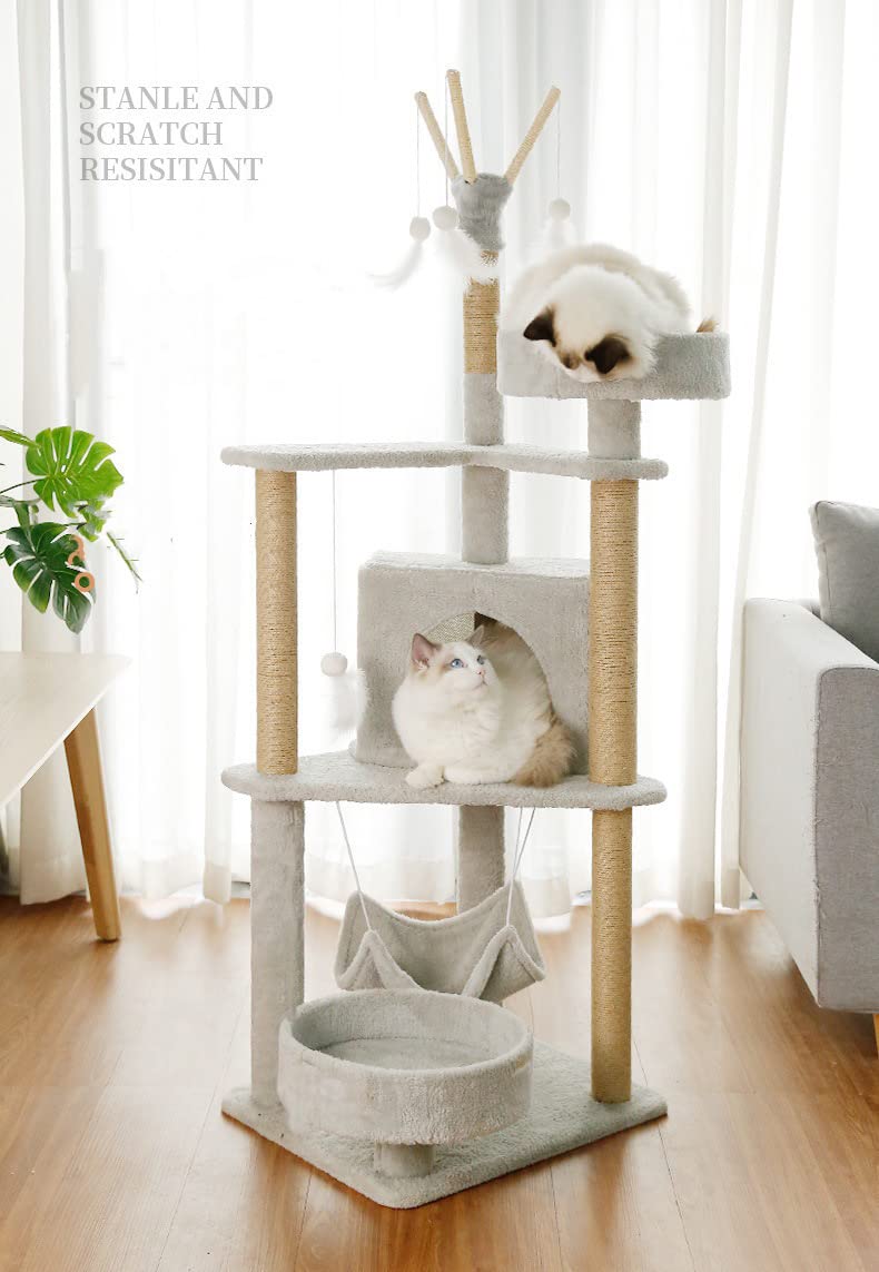 Rascador Torre Árbol UNA MASCOTA Gris con Casa y Cama para Gatos
