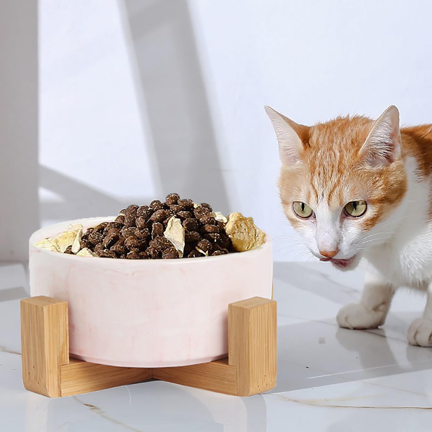 CHENGBAO Plato para Perro y Gato de Cerámica Marmolizada con Base de Estabilizadora (Rosa 1)