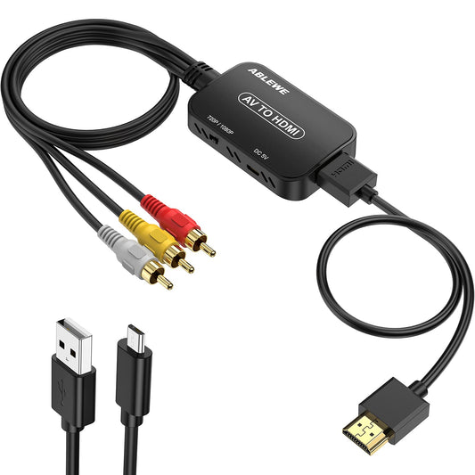 ABLEWE Convertidor RCA a HDMI, convertidor AV a HDMI con cable RCA y cable HDMI compatible con PAL/NTSC para reproductores de DVD Roku/VHS/VCR/Blue-Ray