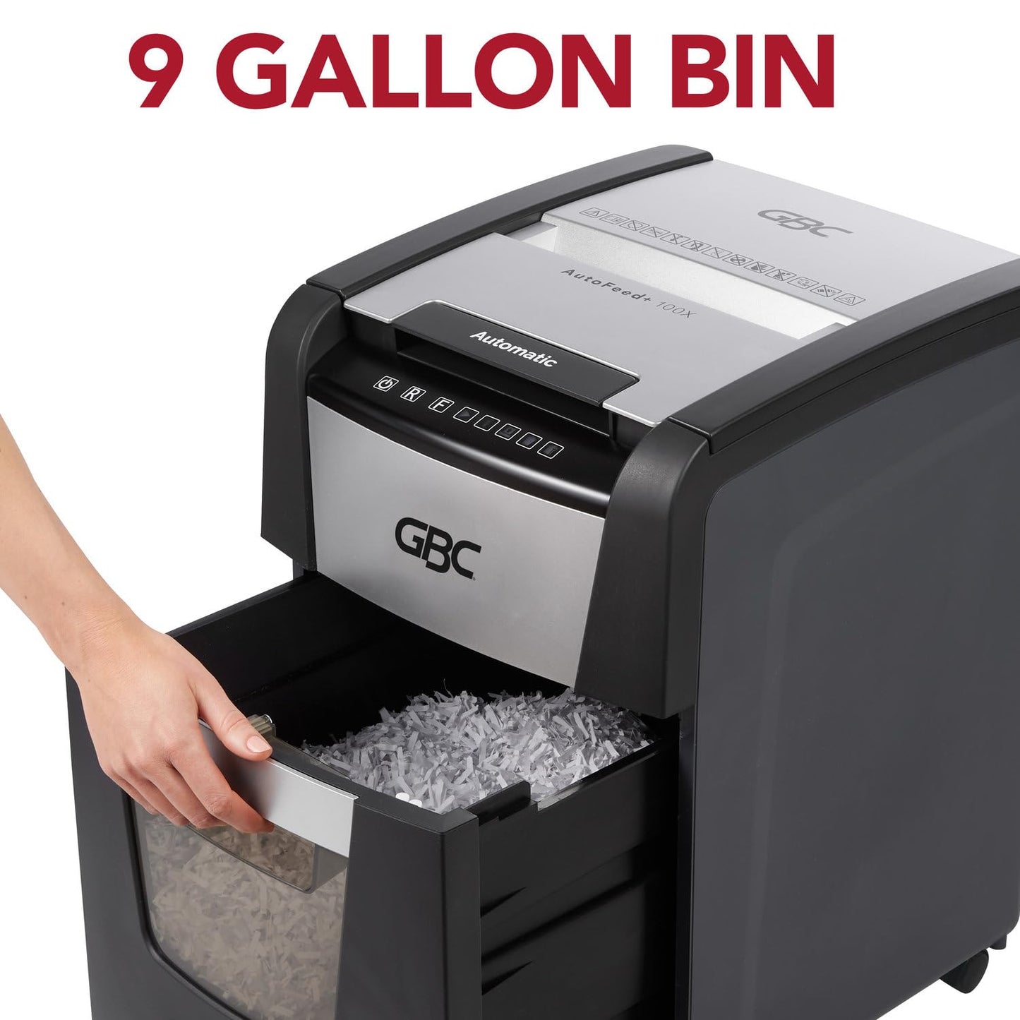 GBC Trituradora de Papel y Grapas, Auto Feed+ 100x, Corte Súper Cruzado P-4 de 100 Hojas, con Cesto de 34 litros. WSM1757602