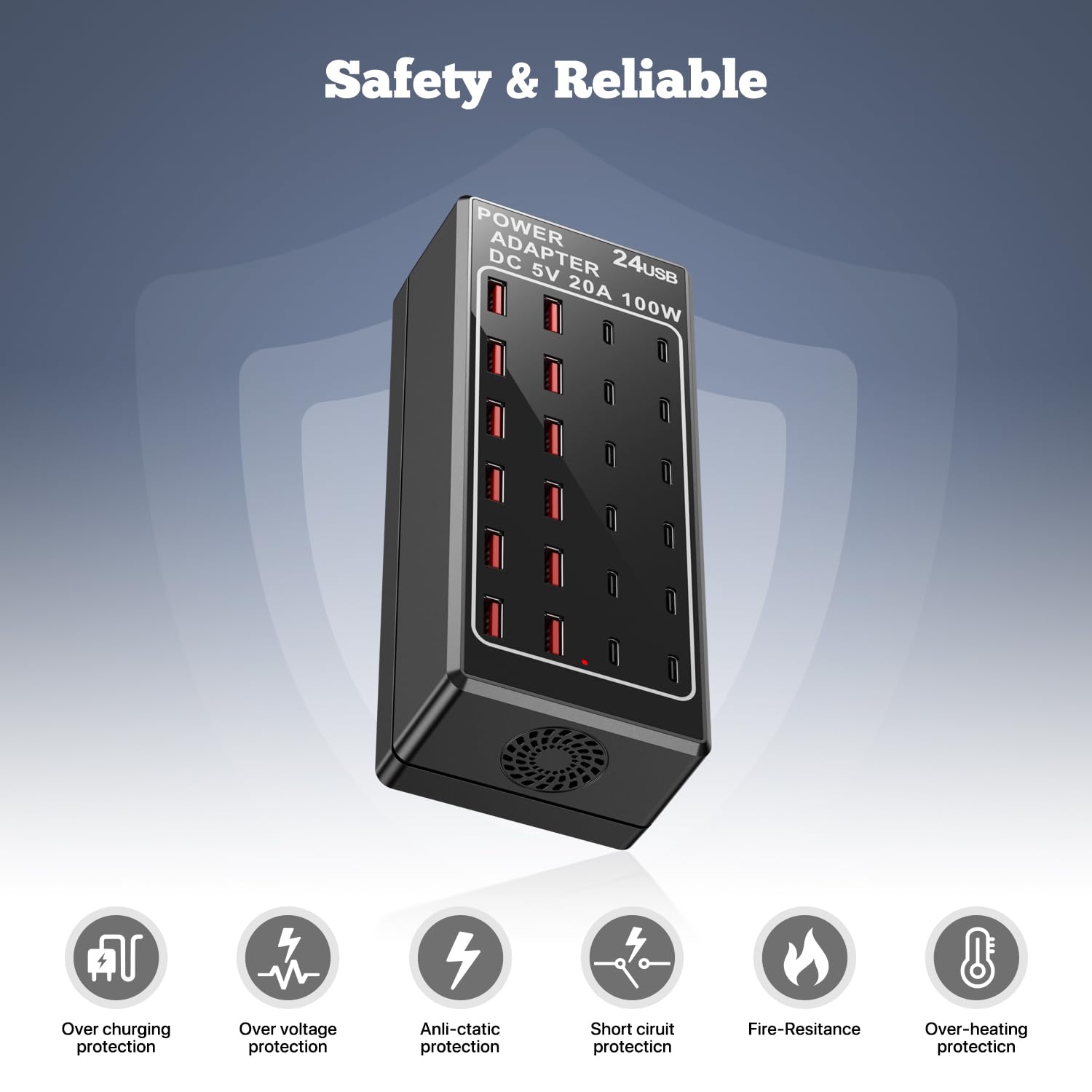 Cargador USB, bloque de cargador USB C, 100 W (20 A), 24 puertos, múltiples USB, cargador de pared, 12 USB A 12 USB C compatible con Apple iPhone, iPad, Samsung Galaxy, portátil, Pixel, teléfonos