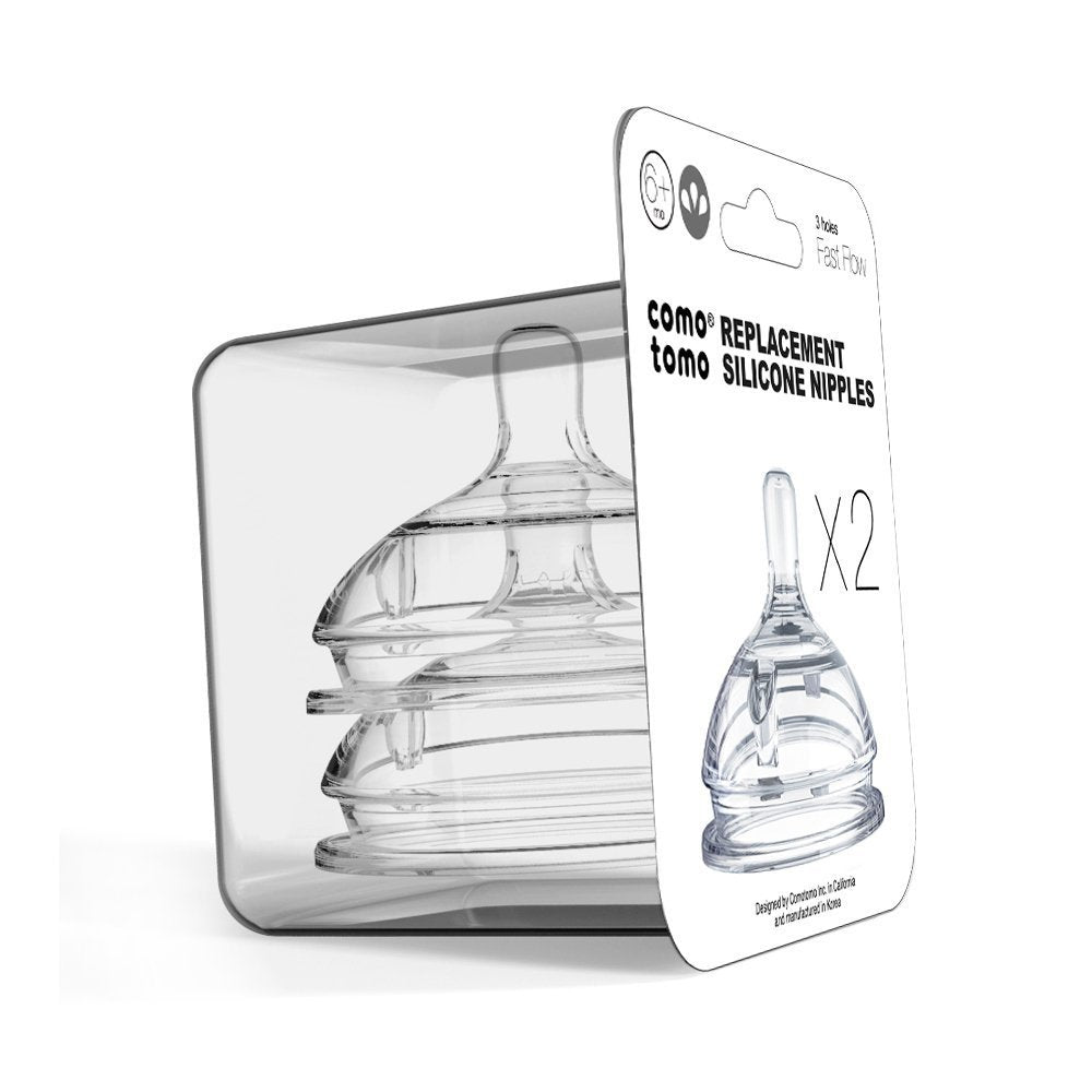 Comotomo Set de 2 Tetinas de Repuesto para Biberones, Flujo Rapido, Transparente