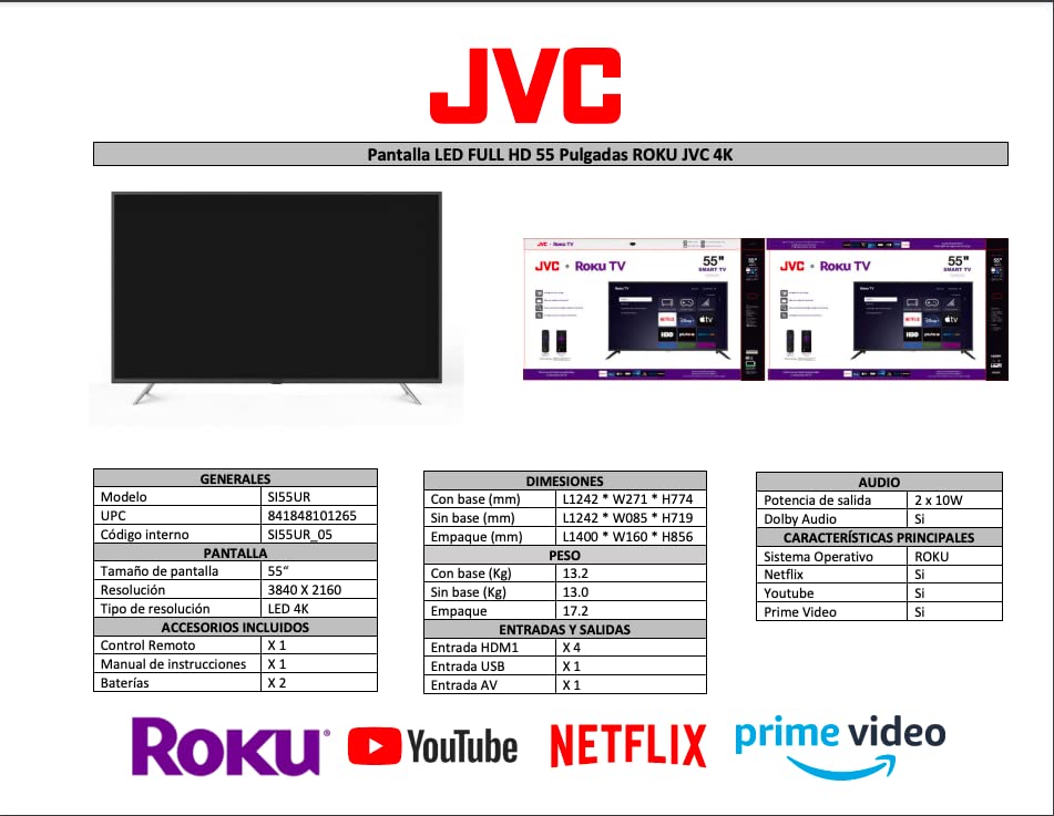 Pantalla UHD 4K JVC 55 Pulgadas Roku TV