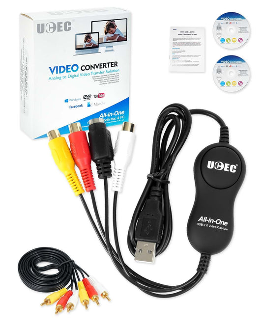 UCEC - Kit convertidor VHS a digital, dispositivo de captura de video RCA a USB 2.0, convertidor de video a digital, dispositivo de tarjeta de captura de video USB 2.0 para Mac OS X PC Windows 7 8 10