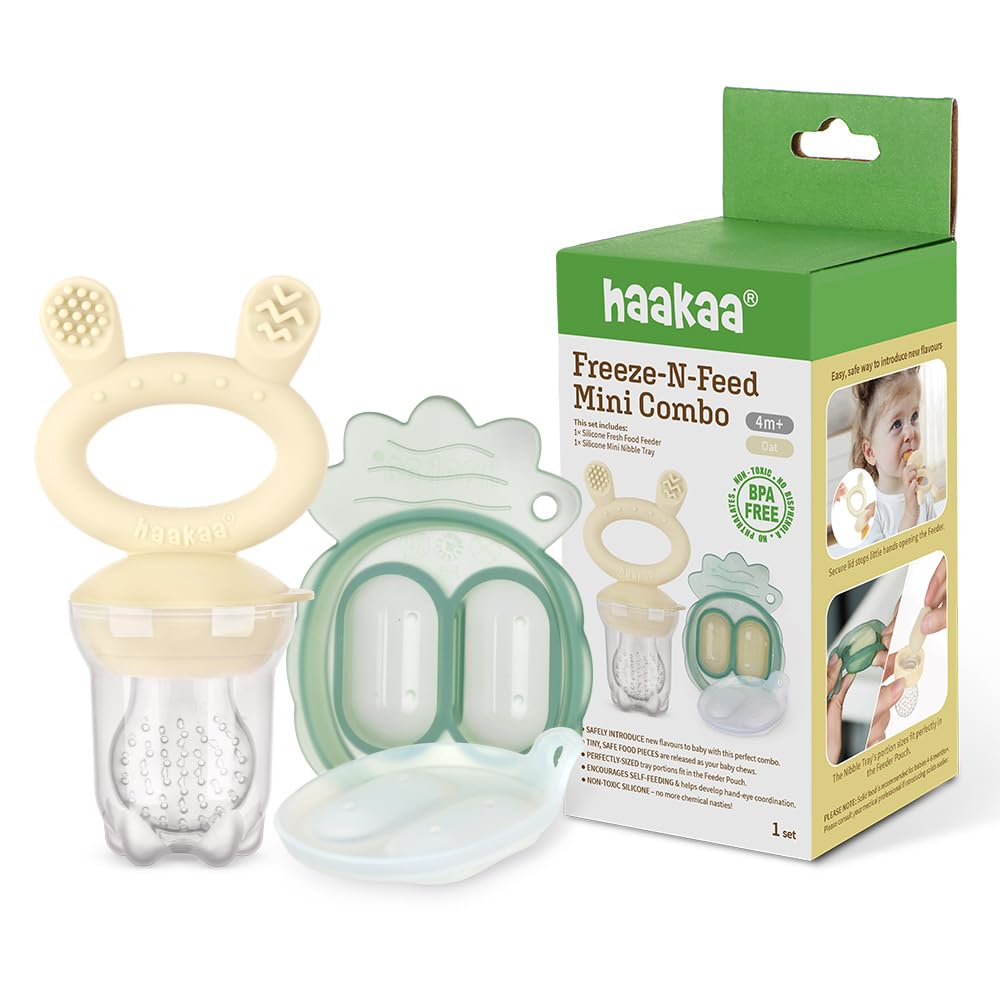 Haakaa Freeze-N-Feed Mini Combo con alimentador de comida de silicona y bandeja de mordisqueo mini de silicona | Alimentador de alimentos sólidos para bebés | Molde de almacenamiento y alimentador de