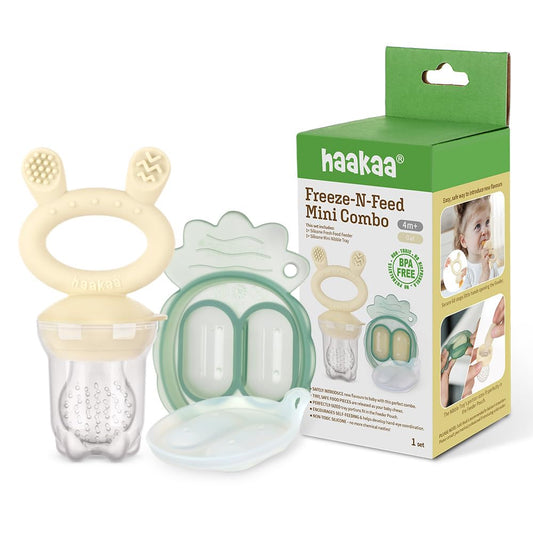 Haakaa Freeze-N-Feed Mini Combo con alimentador de comida de silicona y bandeja de mordisqueo mini de silicona | Alimentador de alimentos sólidos para bebés | Molde de almacenamiento y alimentador de