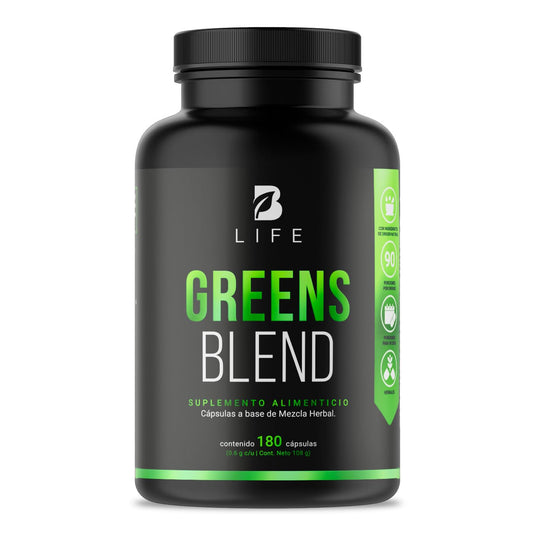 Greens Blend 180 Cápsulas. Ingredientes naturales: Espirulina, Moringa, Weathgrass Clorela, Matcha y Aloe Vera Mezcla Herbal. Greens Blend B Life.