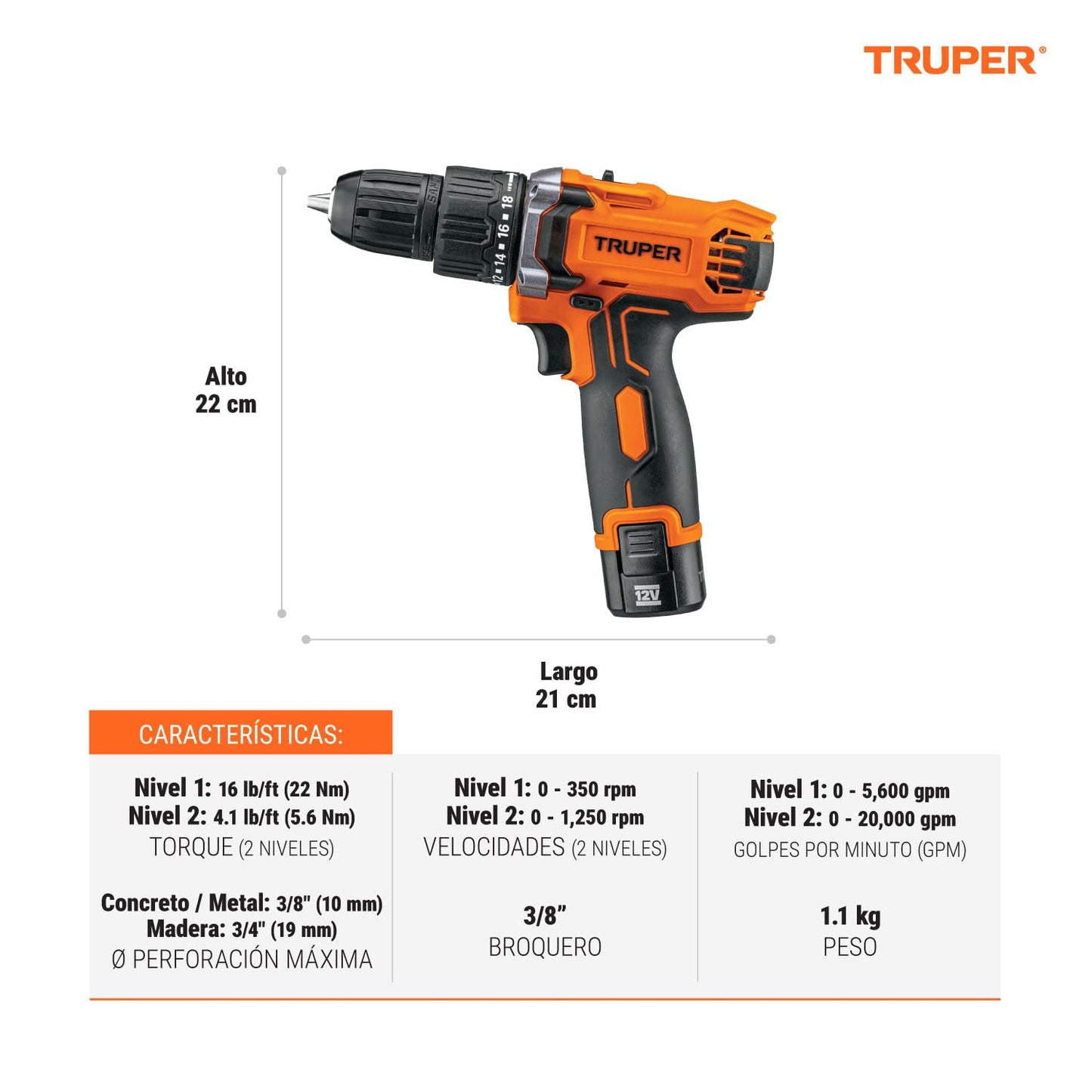 Truper ROTI-12AC, Rotomartillo compacto inalámbrico 3/8", 12 V con 1 batería de Ion Litio 2 Ah