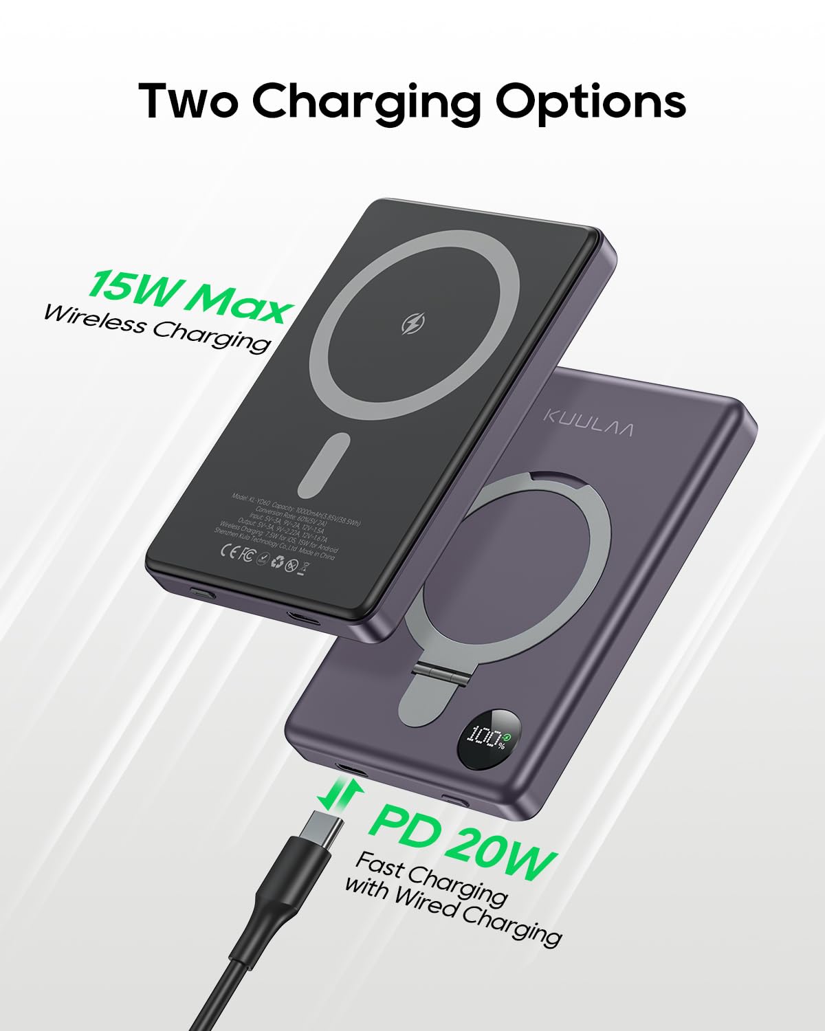 KuuLaa Power Bank 10000mAh, Batería Portátil Inalámbrica con Pantalla LED, Soporte Plegable, Carga Rápida PD 20W USB-C, Compatible con iPhone 16/15/14/13/12/Pro/Mini/Pro MAX (Violeta Oscuro)