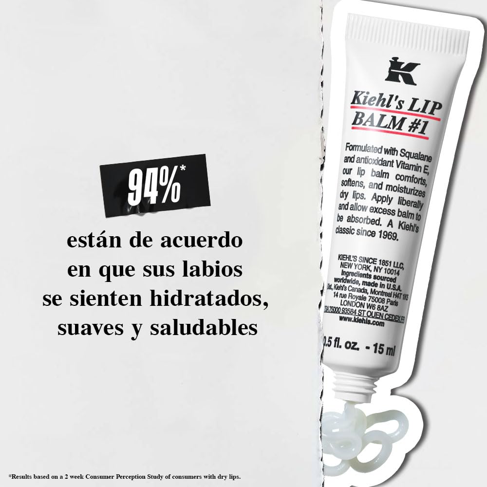 Kiehl's, Lip Balm #1, Hidratante para Labios, Un clásico de Kiehl's desde la década de 1960, Hidrata, Calma y Suaviza Labios Secos, Con Escualano, Aloe Vera y Vitamina E, 15 ml
