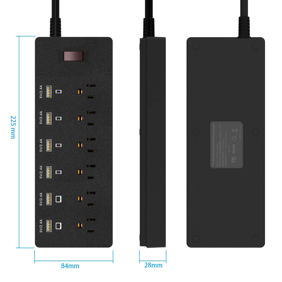 HITRENDS Protector contra sobretensiones de regleta de enchufes con 6 Salidas de CA y 6 Puertos USB 1,8 m, 1625 W/13 A multiconector para Oficina en casa, Negro