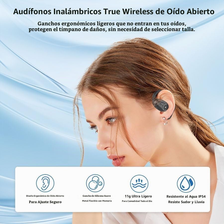 Audífonos Xuuly Abiertos Oído con Ganchos Bluetooth 5.4 con Micrófono Desmontable y Cancelación Ruido Inalámbricos con Estuche de Carga