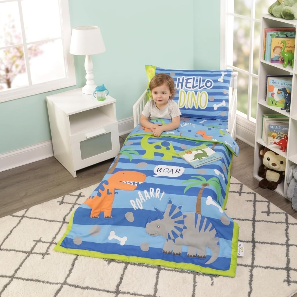 EVERYDAY KIDS - Juego de ropa de cama de 4 piezas para niños pequeños – Dinosaurios rugientes – Incluye edredón, sábana encimera, sábana bajera ajustable y funda de almohada reversible – Ropa de cama