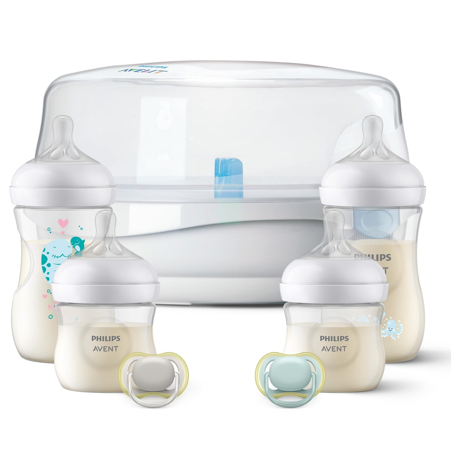 Set Esterilizador de Microondas Philips Avent Natural Response con Biberones Decorados y Chupones para Bebé